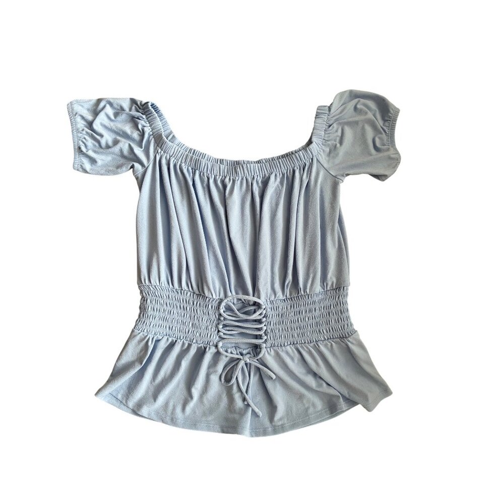 NWT Express Off-Shoulder Top Lace-Up Baby Blue‎ Smocked Waist Size Medium Blouse - Picture 10 of 13